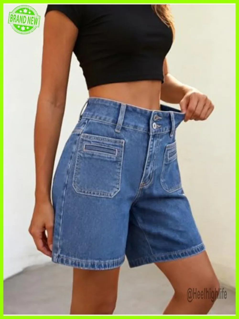 High Waisted Bermuda Jean Shorts Stretchy Cotton Denim Summer